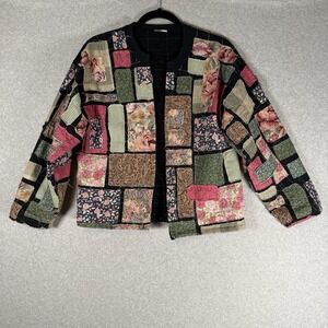 Vintage Patchwork Jacket Womens Medium Black Floral Open Handmade